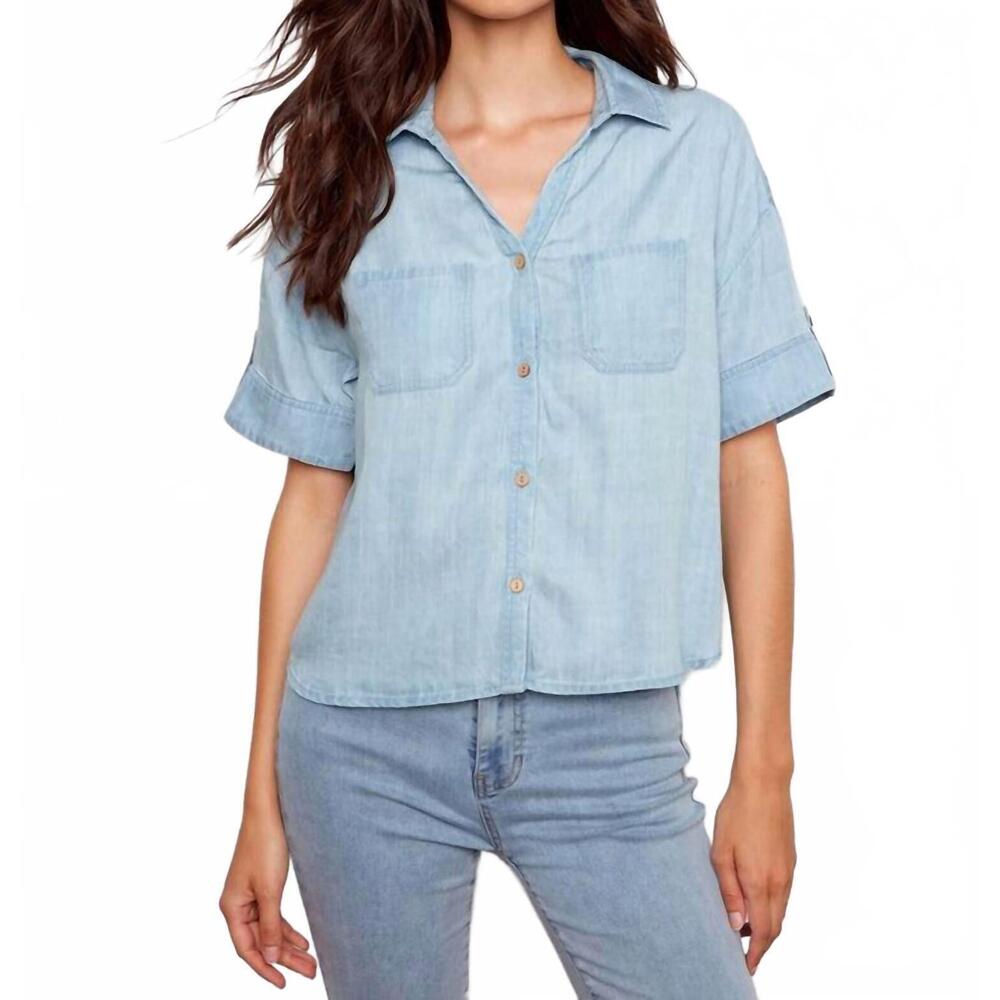 NEW CHARLIE B short sleeve button-front shirt in light blue